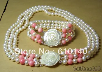 

3 Rows Real White Pearl Pink Coral Shell Clasp Necklace Bracelet Set
