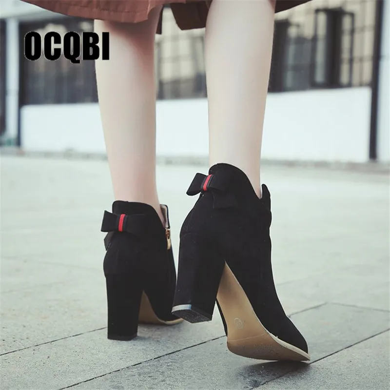Koop Sexy Dikke Hoge Hakken Partij Trouwschoenen Vrouw Zwart Enkellaarsjes Big Size 40 41 42 43 Puntschoen Pompen faux Suede Stiletto