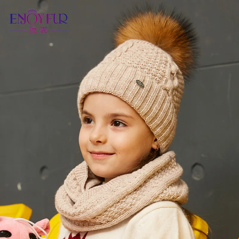 ENJOYFUR Girls Hat And Scarf Set For Winter High Quality Cotton Knitted Soft Hat Girl Thick Boy Caps Children Warm Set
