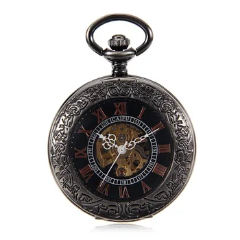 

Luxury See Though Case Black Dial Roman Number Mens Hand Wind Mechanical Pocket Watch W/Chain Half Hunter reloj de bolsillo