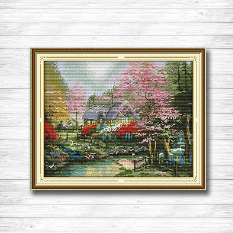 

The stream side cottage scenery diy painting dmc 14CT 11CT counted cross stitch Needlework Set Embroidery kits Home decor