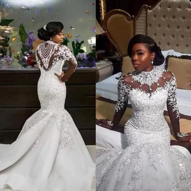 2018 latest luxurious high neck mermaid wedding gowns crystals sheer