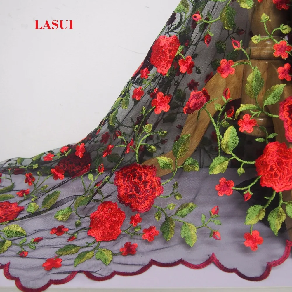 

LASUI 3y=1lot TOP quality Skirt dress fashion cloth good-look Black mesh Rose embroidery lace fabric diy embroidered X0106