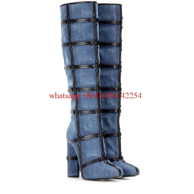 2016 Years of New Denim Botas Women Knee High Boots Leather Decorated Women Shoes Chaussure Femme Chunky Heel Shoes