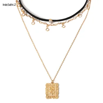 

Ingesight.Z Boho Rose Square Pendant Multi Layer Crystal Choker Necklace Women Fashion Flannel Adjustable Chain Jewelry Female