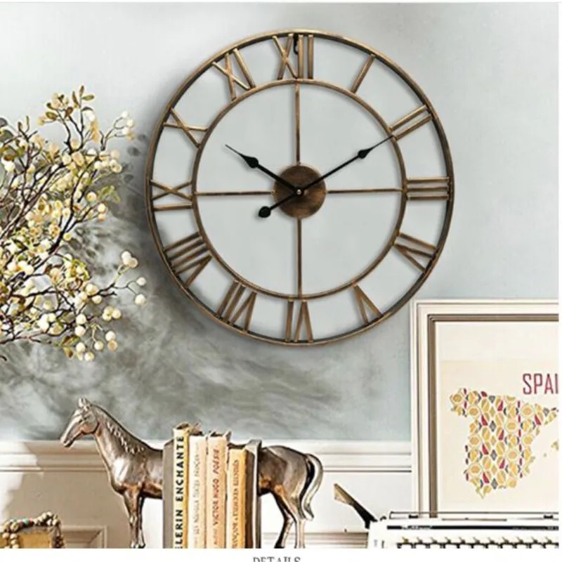 

16-19 inches Wall Clock 3D Roman Vintage Large Metal Wall Clock Circular Retro Hollow Iron Mute Quartz Watch for Living Room