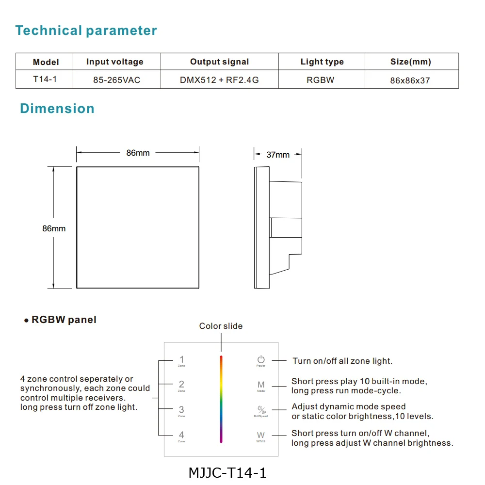 MJJC DMX контроллер 512 4CH зона, RGBW DMX512 Мастер контроль беспроводной 2,4G RF пульт дистанционного управления настенный сенсорный пульт управления T14-1