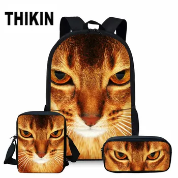

THIKIN Orange Cat Print School Backpack for Teenage Girls 3PCS/SET Children Cute Student Book Bags Kids Bagpack Preppy Rucksack
