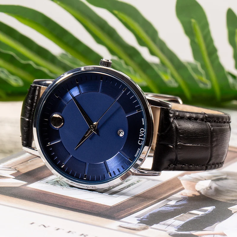 CIVO Simple Casual Mens Watches Waterproof Date Calendar Gents Genuine Leather Quartz Wrist Watches For Men Clock Reloj Hombre