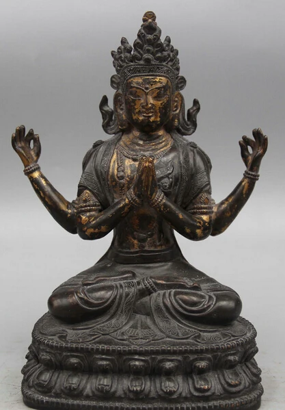 

dr524 9 Old Tibet Bronze 24K Gold Seat 4 arms Chenrezig Buddha Avalokiteshvara Statue