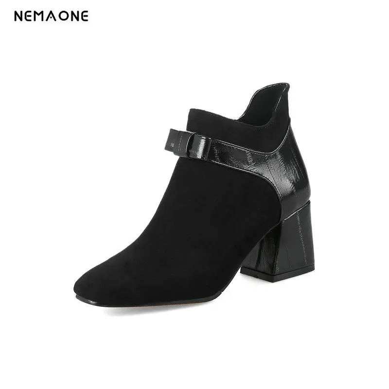 Goede NEMAONE vrouwen enkellaars vierkante hoge hakken schoenen vrouw strikjes tie lente herfst dames laarzen grote maat 42 43 zwart groen rood