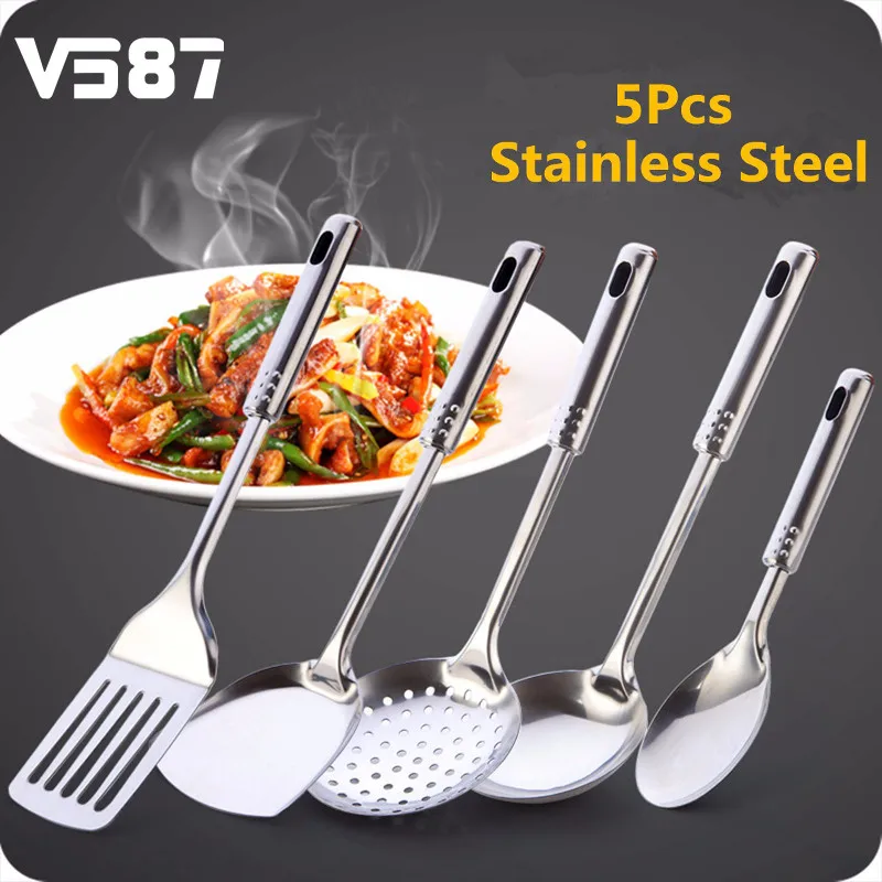 

5pcs Stainless Steel Kitchen Utensil Set Spatula Spoon Frying Shovel Colander Noodle Spaghetti Spoon Kitchen Cooking Tools