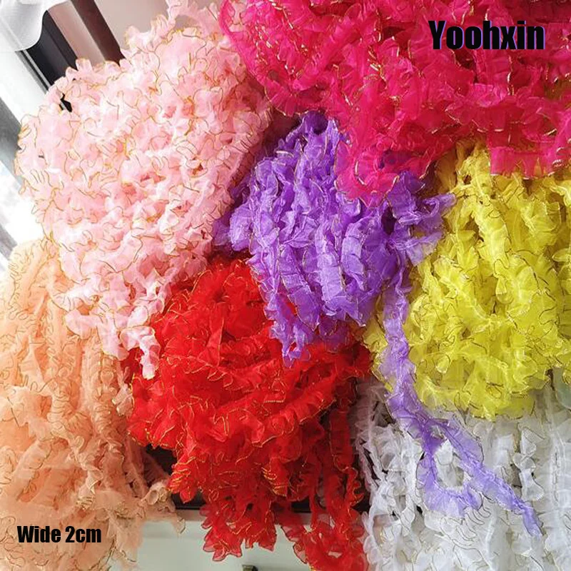 

2CM Wide HOT Embroidery gold flower tulle lace fabric trim ribbon DIY sewing Ruffle applique collar dubai wedding guipure decor