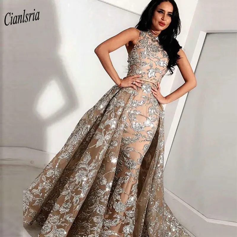 

Long Grey Champagne Lace Mermaid High Neck Arabic Evening Dress 2019 kaftan Dubai Formal Evening Gowns with Detachable Skirt