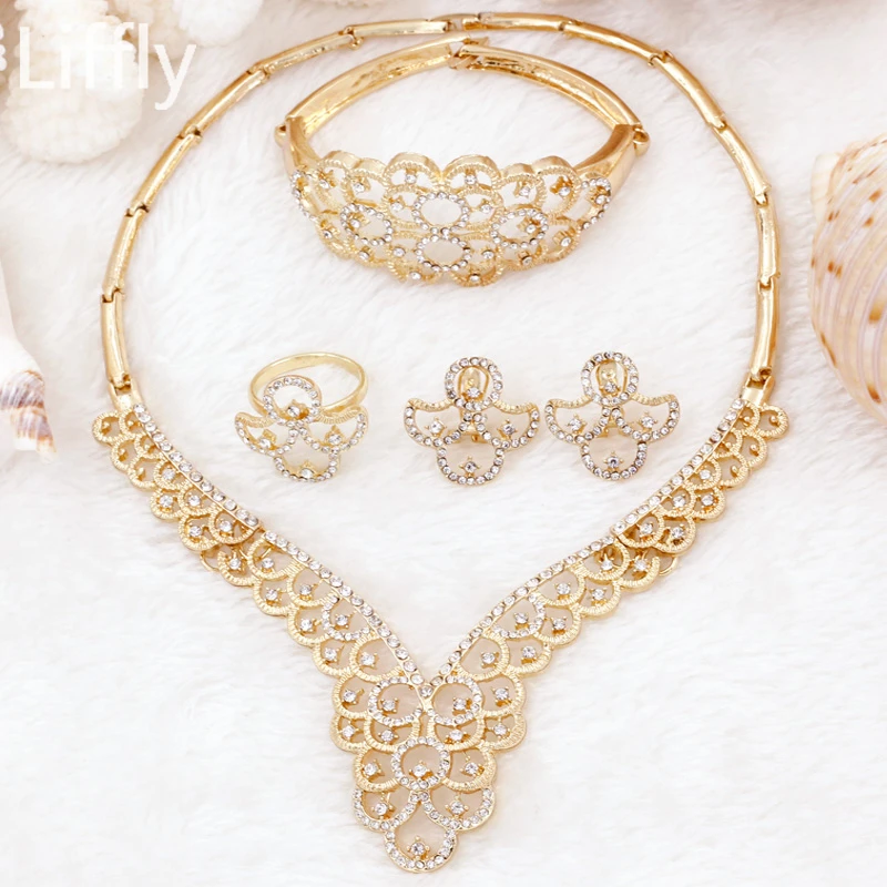 

2018 New Fashion Creative 18 Gold Jewelry Sets Crystal Necklace Ring Earrings Charm Women Party Gifts Jewelry Accessories