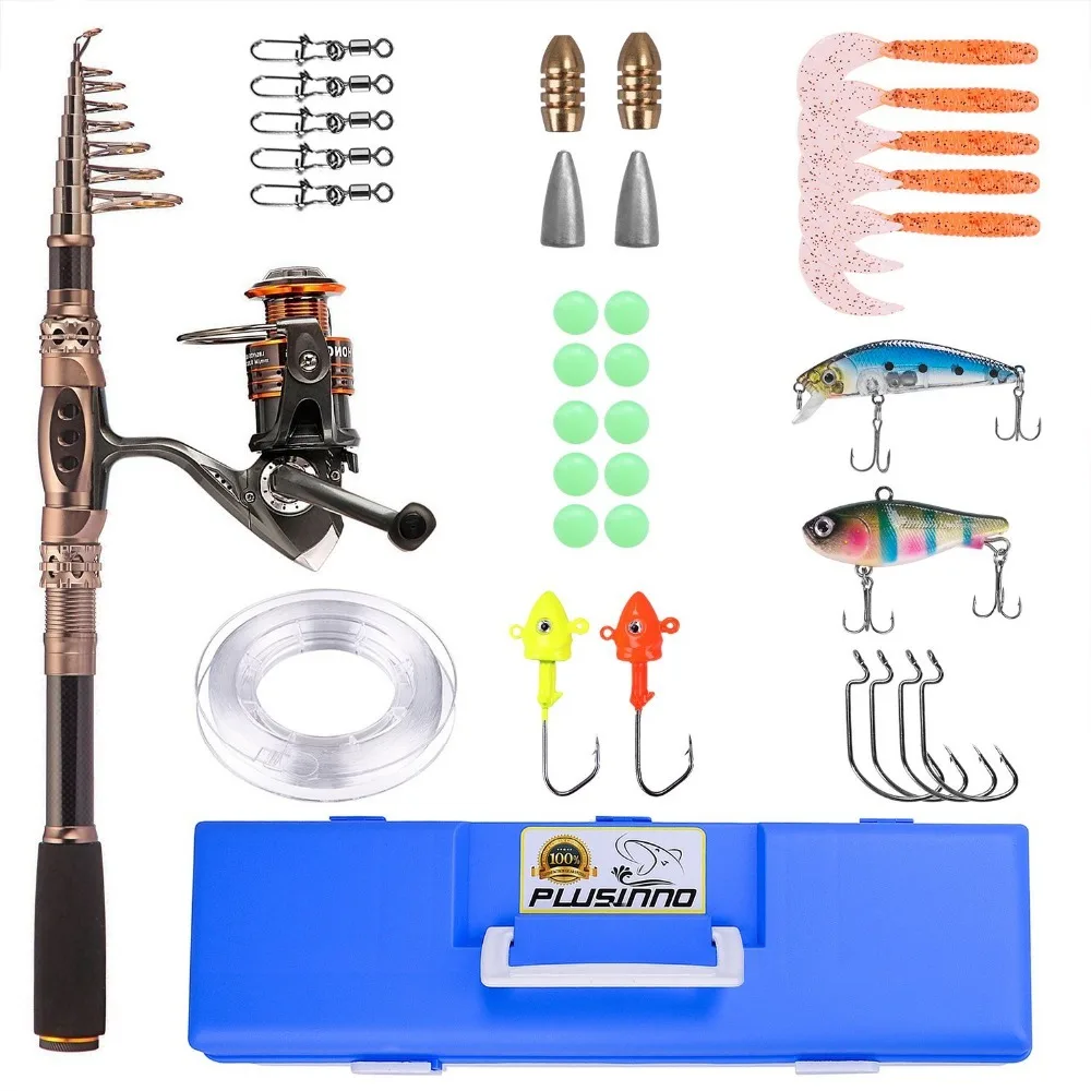 PLUSINNO الغزل قضيب و بكرة المجموعات طقم كامل تلسكوبي الصيد رود القطب مع بكرة خط السحر خطاف الصيد الناقل حقيبة حالة