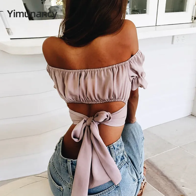 

Yimunancy Summer Bow Backless Top Women Fashion Ruffle Off Shoulder Tops Ladies Sexy Crop Tops Blusas