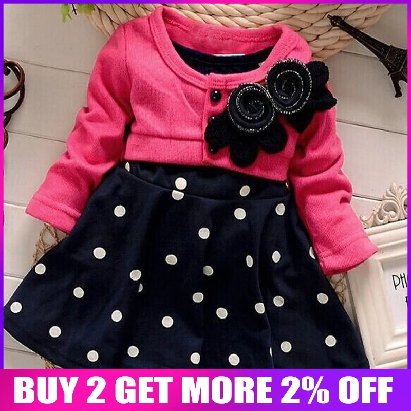 

BibiCola Retail 2017 spring Autumn baby Girls Dress Children Long Sleeve Dot Dress Princess Dress baby Warm thickening dresses