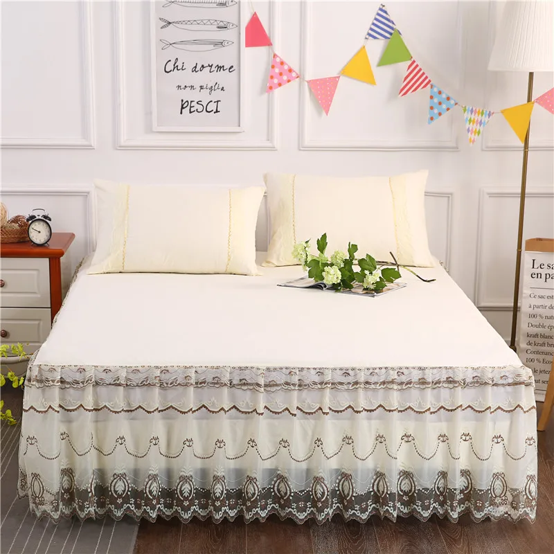 Best Bed skirt golden princess lace mattress cover pink blue Korean style solid bed cover pillow case full queen king size bedding#sw