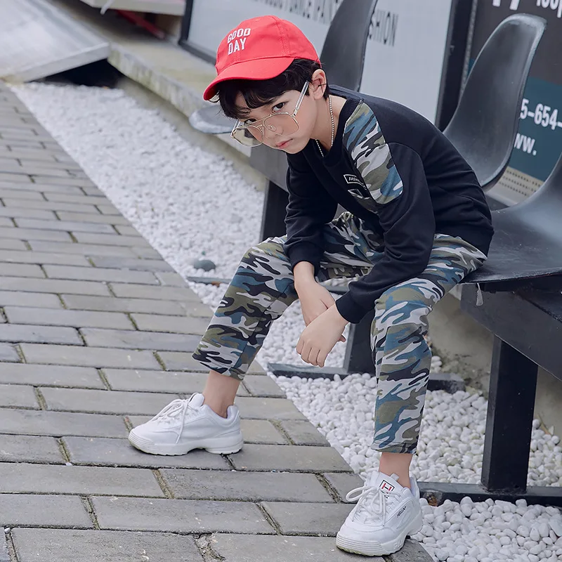 4 5 6 7 8 9 10 11 12 Year Boys Clothes Long Sleeve Shirts Pants Children Clothing Set Spring Autumn Camouflage Kids Suits - Цвет: Black