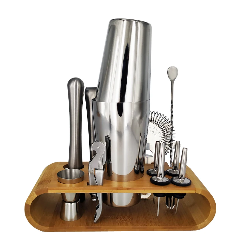 Stainless Steel Cocktail Shaker Bar Set Wine Drinking Mixer Boston Style Shaker Party Bar Tool with Bamboo Stand Stainless Steel Cocktail Shaker Bar Set Wine Drinking Mixer Boston Style Shaker Party Bar Tool with Bamboo Stand
