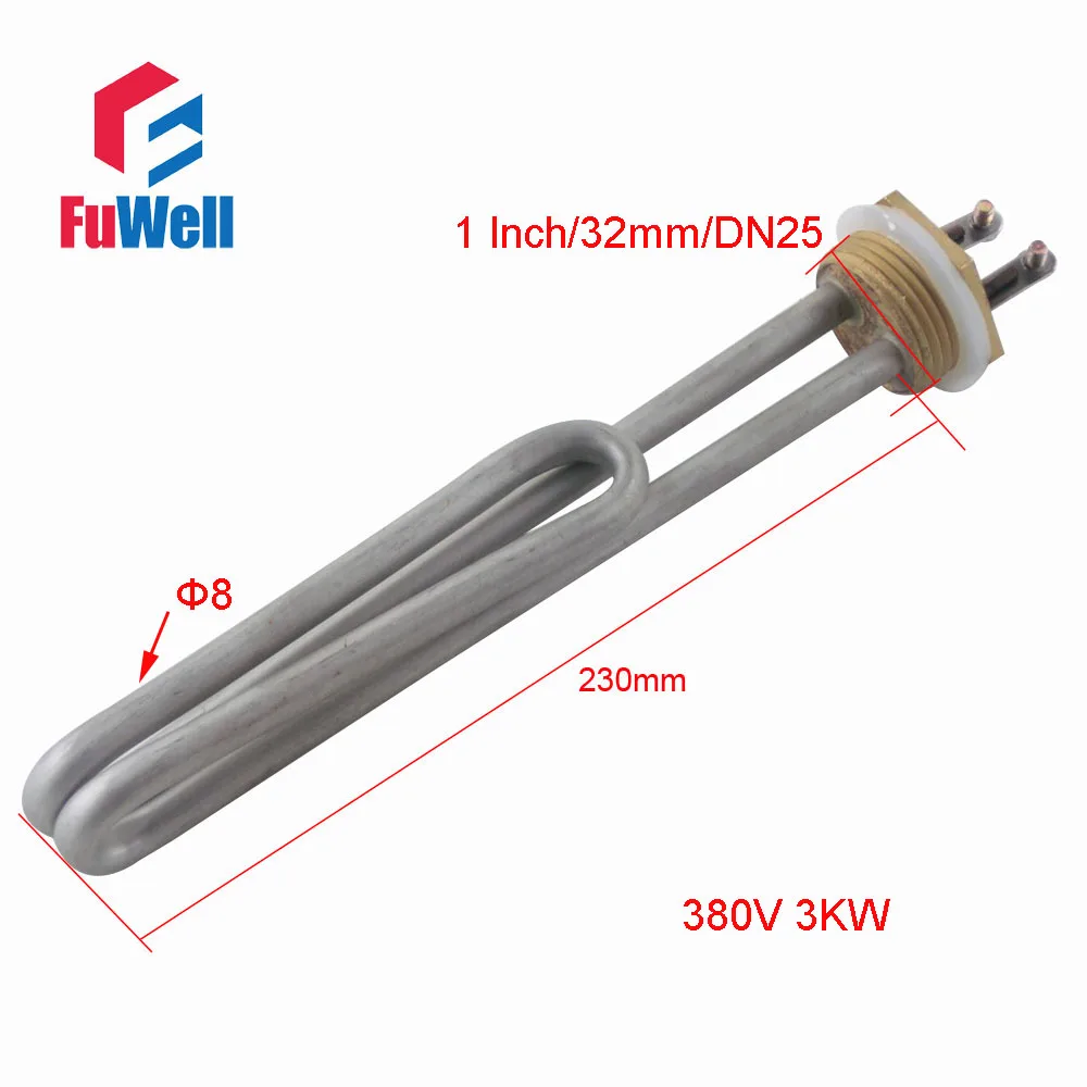 1 дюйм/32 мм/DN25 Нержавеющая Сталь Медная головка нагревательная трубка 220 В/380 В Длина Электрический нагреватель трубы водонагреватель Нагревательный элемент - Цвет: 380V 230mm  L