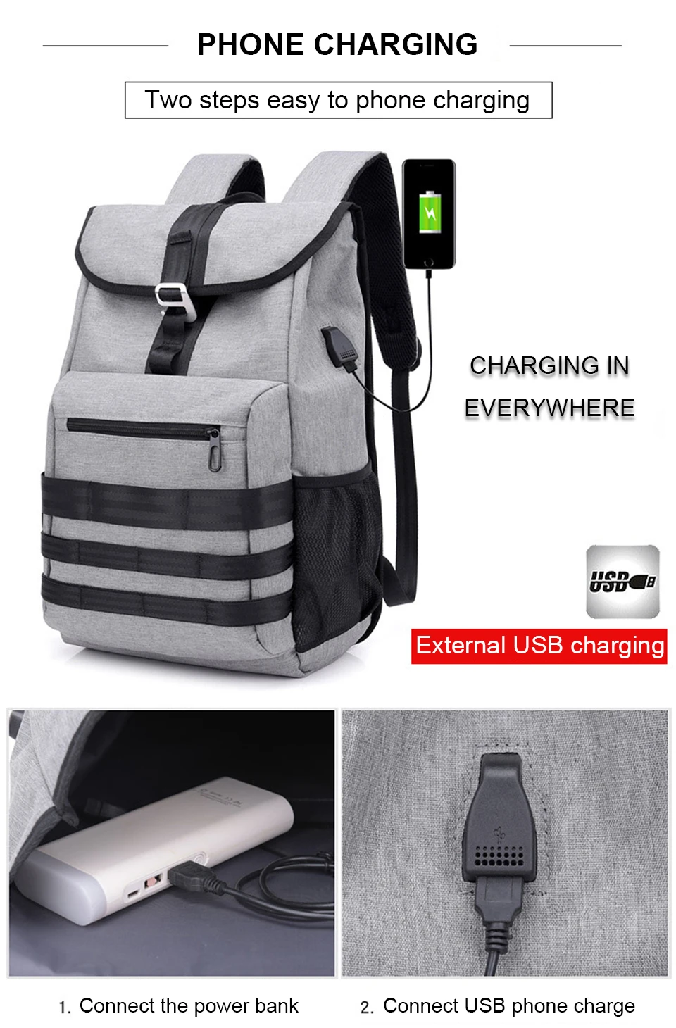 2 USB Charging Backpacks 15.6'' Laptop Backpack Canvas Men Backpacking Travel High Capacity Luggage Bag Pack Male Outdoor bagpack