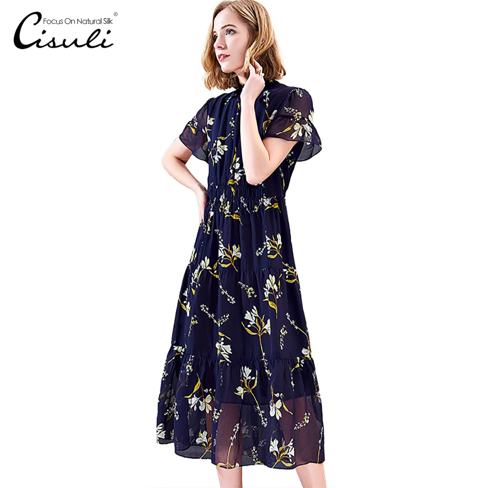 CISULI 100% Silk Woman Dress New Trend 2019 Geogette Fabric Summer Vintage long | Женская одежда