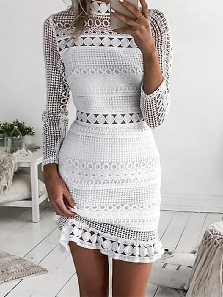 

Autumn Elegant Crochet Lace Hollow Out Sheath Dress Women Party Bodycon Dress Female Workwear Stylish Lace Dresses