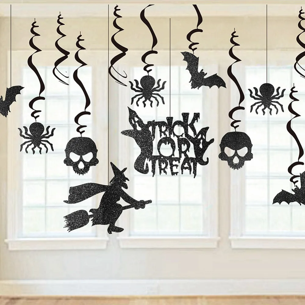 13pcs black glitter halloween party swirls witches bats gosts skeletons spiders swirl ceiling hanging decoration spirals - Halloween Ceiling Decorations 13pcs black glitter halloween party swirls witches bats gosts skeletons spiders swirl ceiling hanging decoration spirals - Halloween Ceiling Decorations
