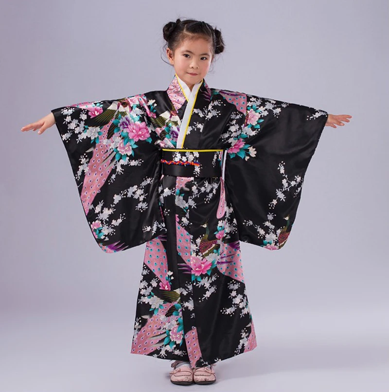 Black Japanese Baby Girl Kimono Dress Traditional Children Yukata With
