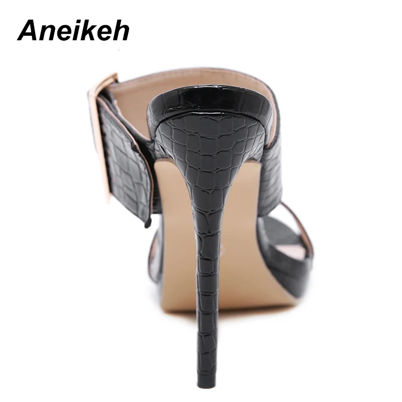 Aneikeh/ г. Классические летние шлепанцы из PU искусственной кожи женские слипоны на тонком высоком каблуке с круглым носком мелкий ремень с пряжкой Вечерние черные однотонные Размеры 35-40