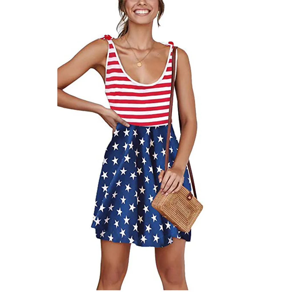 

2019 Summer Popular American Flag Womens Tie Strap Beach Sleeveless Mini Dress Drop Shopping Vestido de dama Wd4