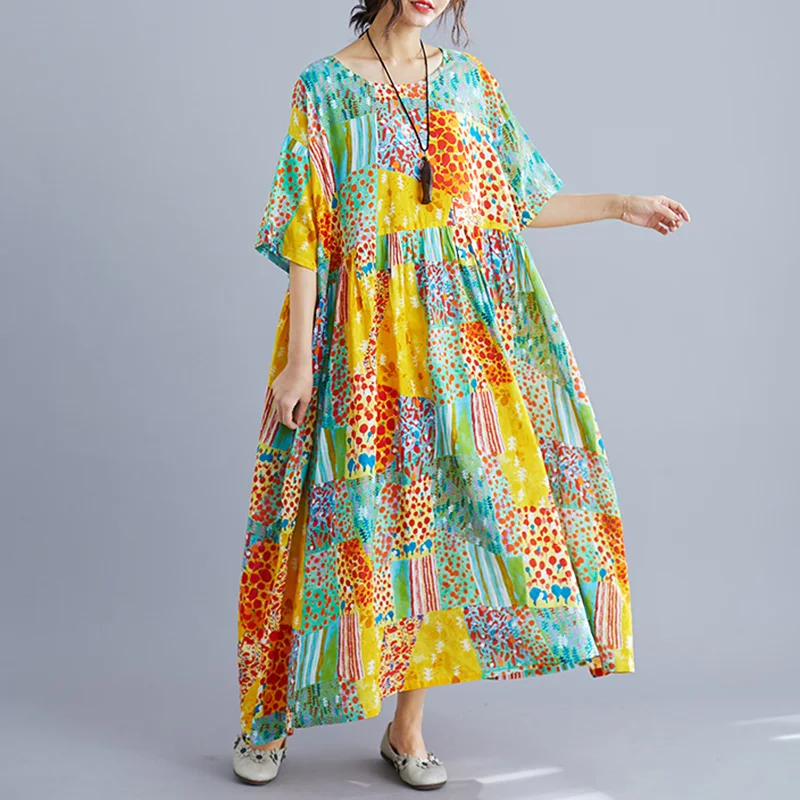 Макси-платье женское хлопковое длинное летнее платье в горошек платье в этническом стиле с цветным блоком с коротким рукавом богемные свободные платья - Цвет: Цвет: желтый