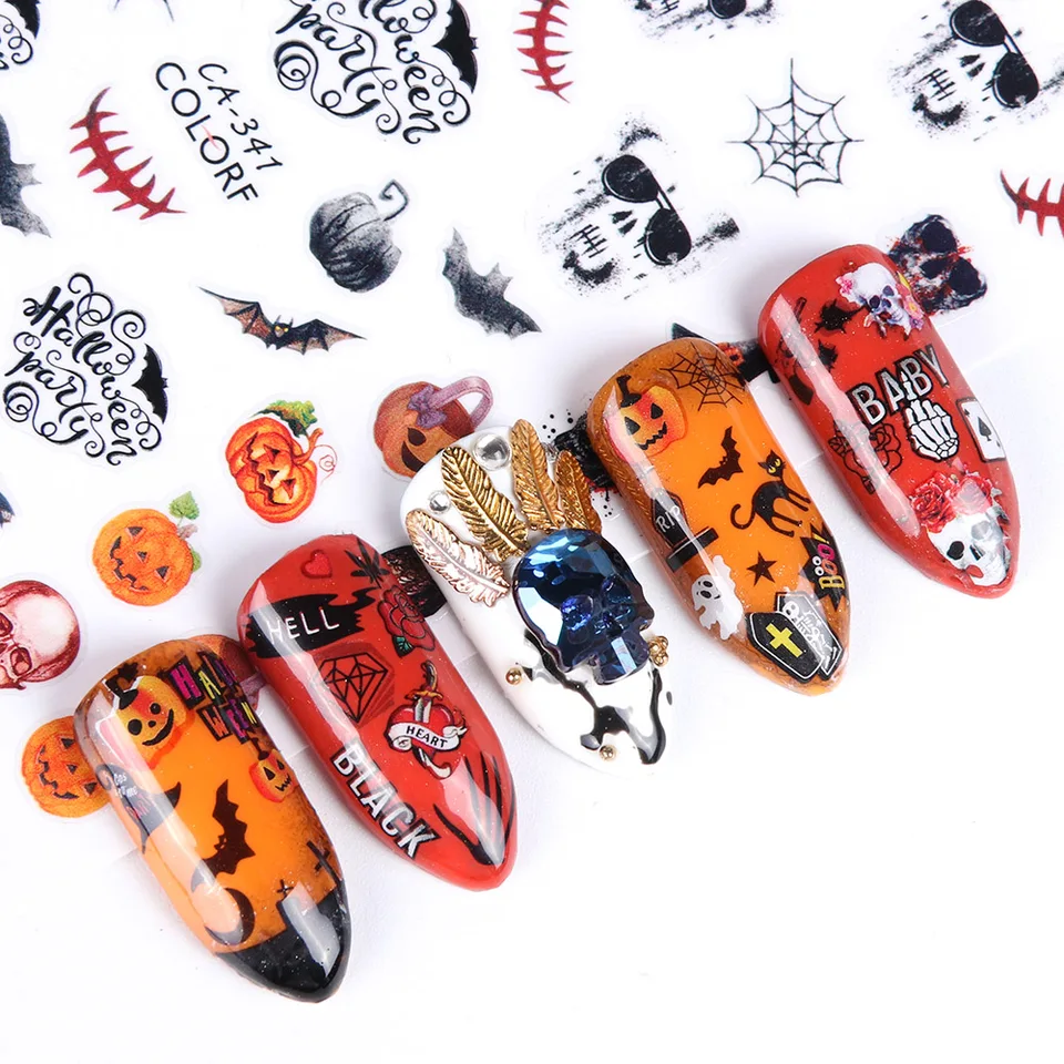 1 Sheet Halloween Design 3d Nail Art Stickers Pumpkin Skull Black Cat Nail Decorations Autumn Bat 3d Nail Decal Tips Laca338 346 Aliexpress
