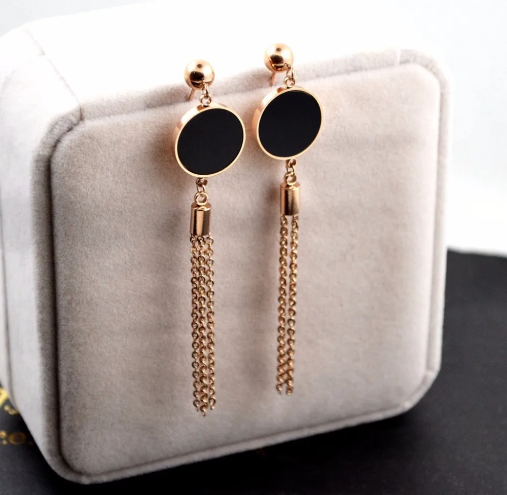 HFYK Black round long earrings tassel earrings rose gold stainless