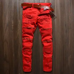2017 новые мужские облегающие джинсы Дизайн Мода Байкерский Подиум хип хоп тонкие джинсы до колена на молнии с дырками и потертостями джинсы