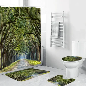 

ISHOWTIENDA 4PCS bath pad Doormat Lid Toilet Cover Bathroom Shower Curtain Bath Non-Slip Rug Set dropshipping
