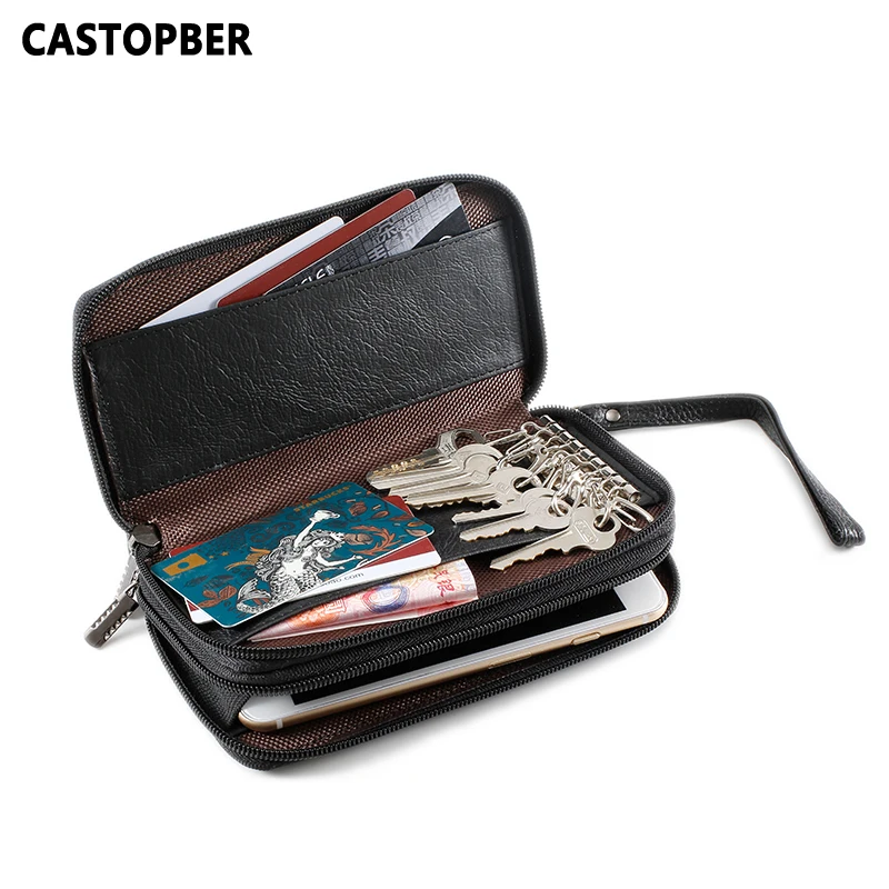 

Multifunctional Key Holder Organizer Cowhide Genuine Leather For Men Cell Phone Bag Day Clutch Zipper Purse Wallets High Quality