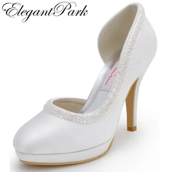 

Woman High Heel White Red Close Toe Platform Pearls Bridesmaids Pumps Satin Lady Evening Party Wedding Bridal Shoes EL-005C-PF