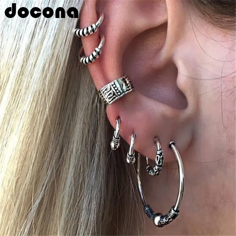 

docona 7pcs/set Vintage C Shape Carving Stud Earrings for Women Antique Silver Punk Earrings Set Jewelry Gifts 5349
