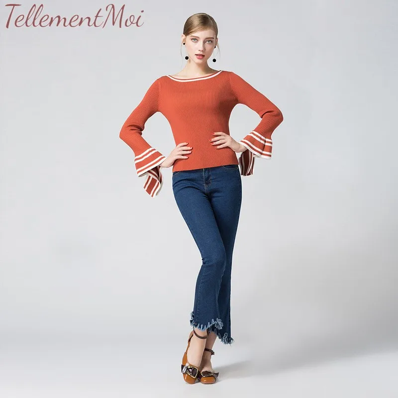 Women's Boat Collar Slim Knitted Sweater Ruffled Long Sleeve Striped Wool Pullover Bottoming Shirts Elegant Wild Sweaters Tops