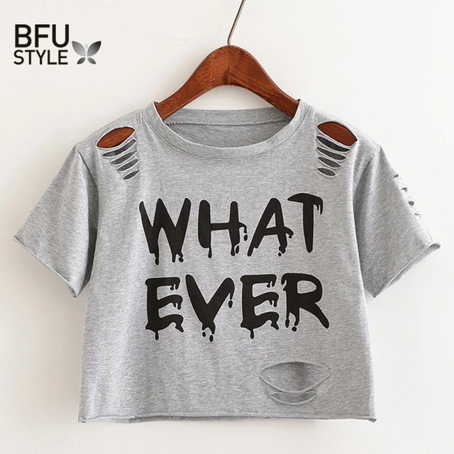 Download WHATEVER Letter Print Short T Shirt Women Crop Top Holes T ...