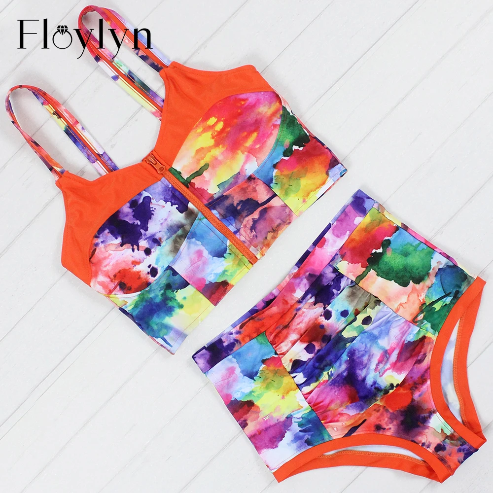 Floylyn High Waist Swimwear Women 2017 Colorful Painting Bikini