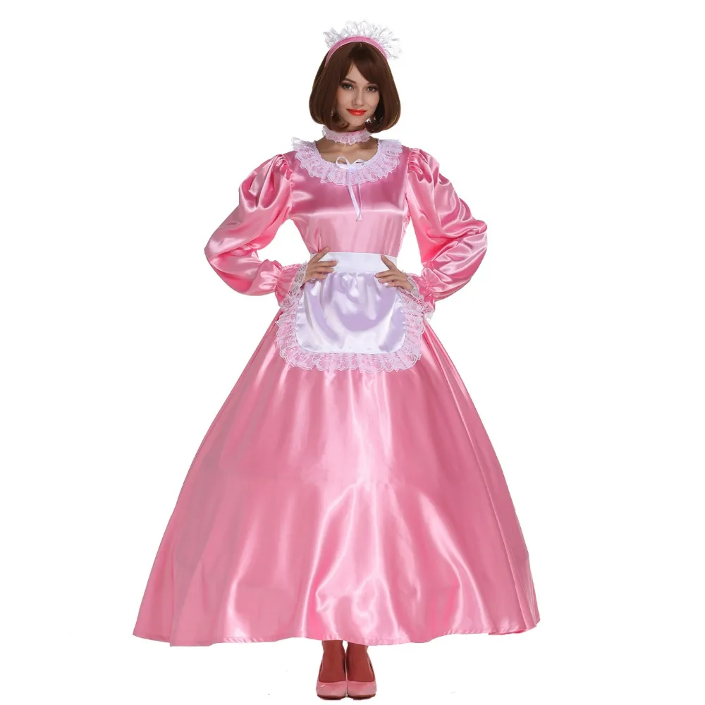 

Sissy Girl Maid Round Neck Shiny Satin Long Dress Crossdress Cosplay Costume