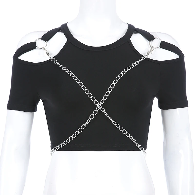 Черная футболка в стиле панк с цепочками, женские летние хлопковые топы с вырезами, женские готические футболки с круглым вырезом, Женская Корейская Футболка Harajuku