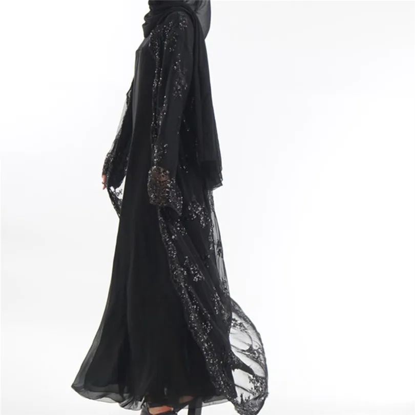 New Muslim Women Summer Lace Sequin Cardigan Long Sleeve Maxi Dress Kimono Open Abaya Robe Kaftan Dubai #4F08 (3)