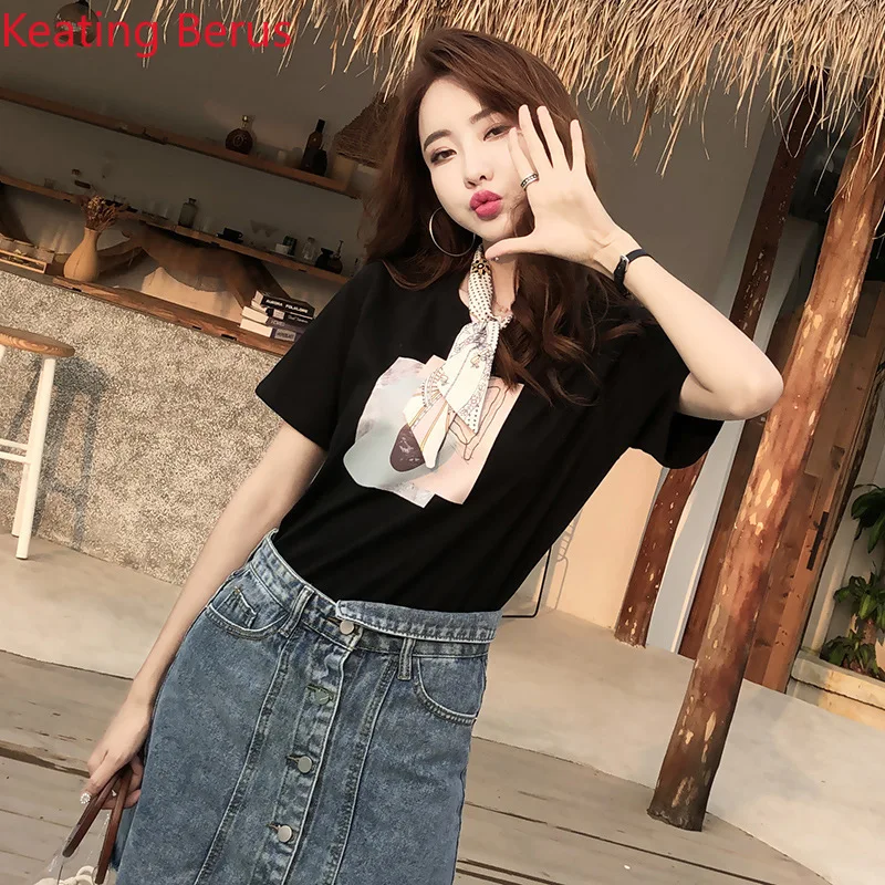 

Women's Summer White Print Short Sleeve T-Shirt Fashion Loose Large Size Black Round Neck Summer Top Cool Women's Wear 1202