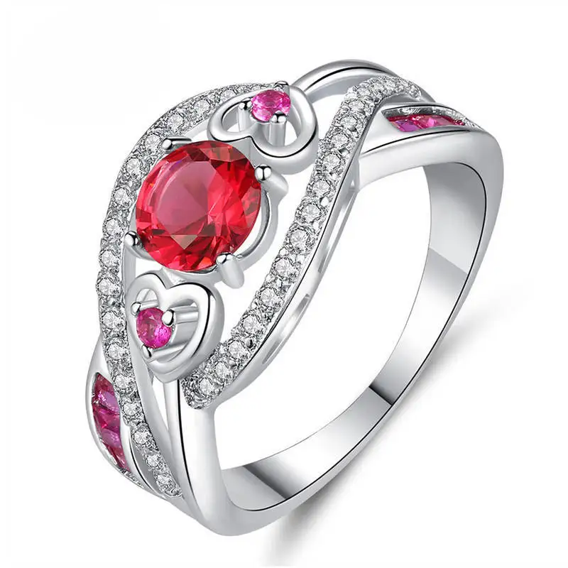 Dovolov Red Heat shape Plated White Gold Crystal Rings For Women Cubic ...