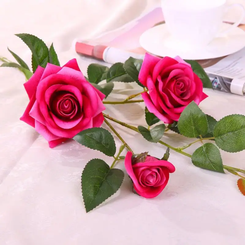 Flone Artificial Rose Flower Simulation Silk Fake Flowers Single Branch 3 Heads Roses Flower For Wedding Home Bedroom Decoration (9)
